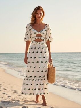 Farm Rio NWT Linen Blend Tropical Cutout Maxi Dress Puff Sleeve Embroidered Sz L